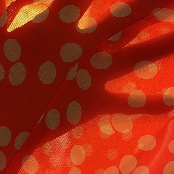 Evan Picone capped sleeved orange sheer blouse with tan polka dots. Size 16W - Picture 4 of 7